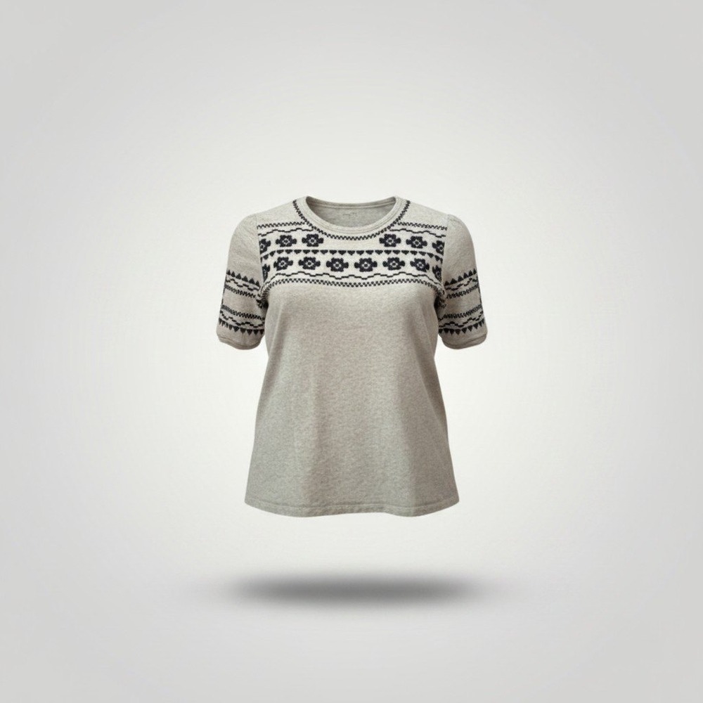 Garnet Hill Embroidered Top Women Large Grey Boho Folk Art Comfort Soft Stretch